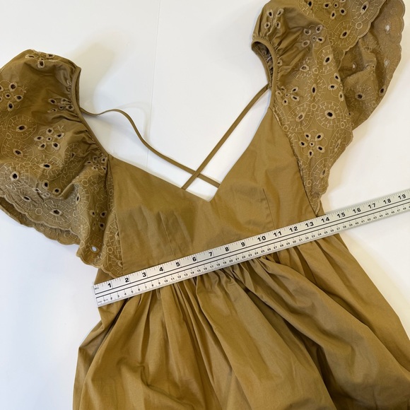 En Saison Anthropologie Dress Womens Medium Khaki Tan Eyelet Poplin Midi - Picture 7 of 11
